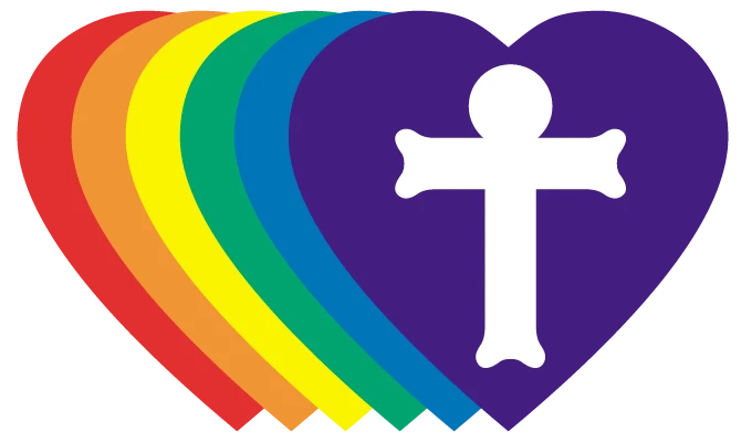 Reconciling in Christ logo — rainbow hearts with cross